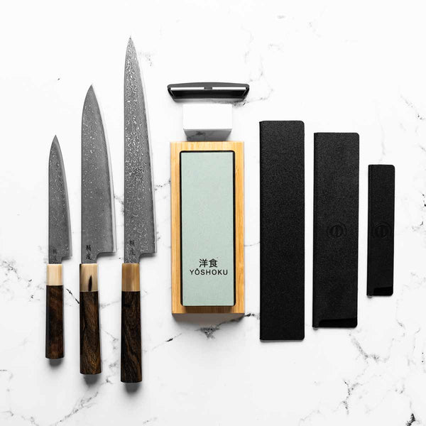 Seido VG10 Kurozome Nickel Damascus 3 Knife Set - Persimmon