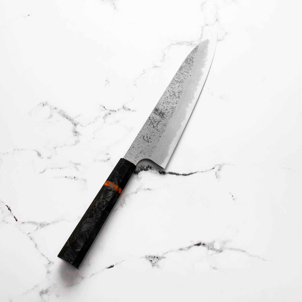 Hatsukokoro Ryusui Blue 2 Damascus Gyuto 210mm - Carbon Fibre - angled view