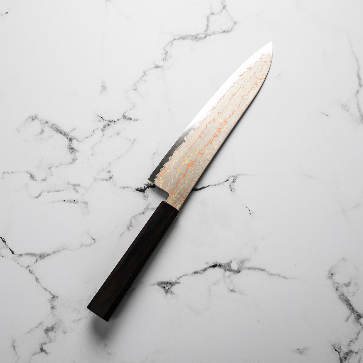 Hatsukokoro Hayabusa Blue 2 Rainbow Damascus Gyuto 210mm - Ebony