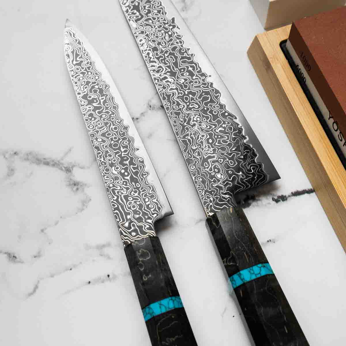 Hatsukokoro Ryuhyo Kurozome SG2 Damascus 2 Knife Set - Maple Turquoise