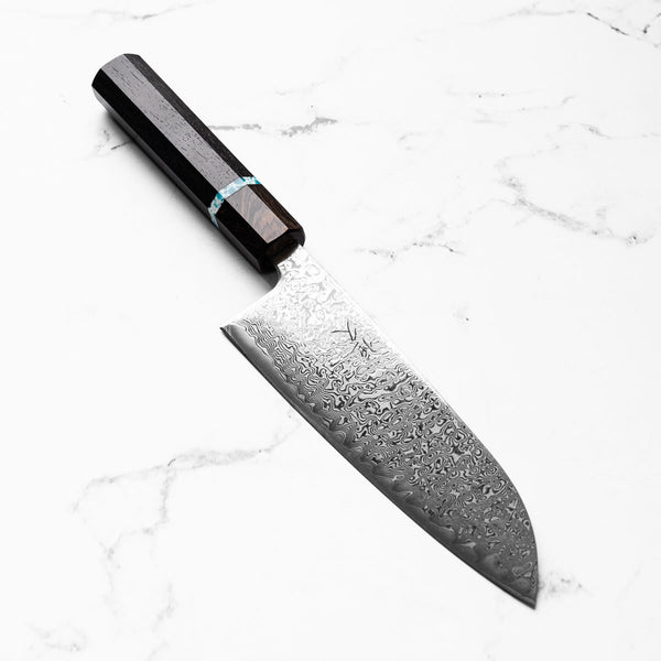 Tsunehisa SRS13 Damascus Santoku - Ebony Blue Ring