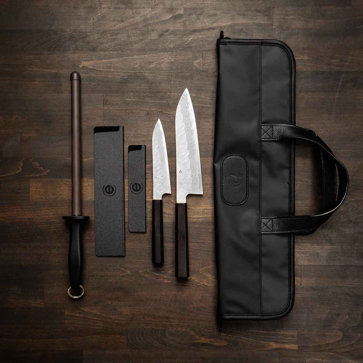 Nigara Hamono VG10 Damascus 2 Knife Set with Porter Knife Bag - Ebony
