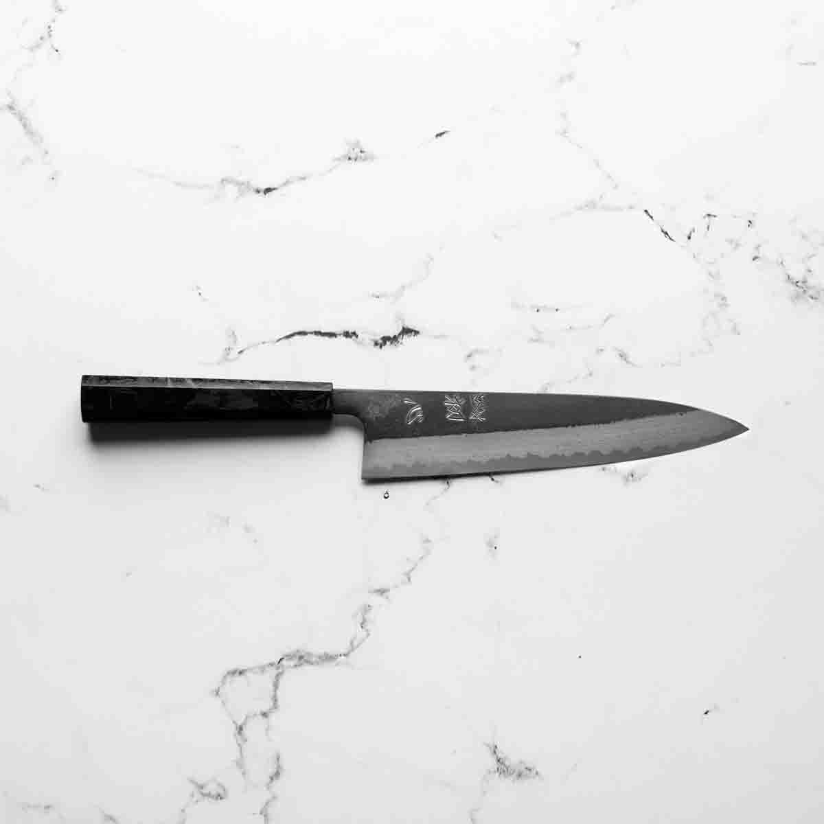 Hatsukokoro Shinkiro Blue Super Damascus Kurouchi Gyuto 210mm - Dark Carbon Fibre - view 8
