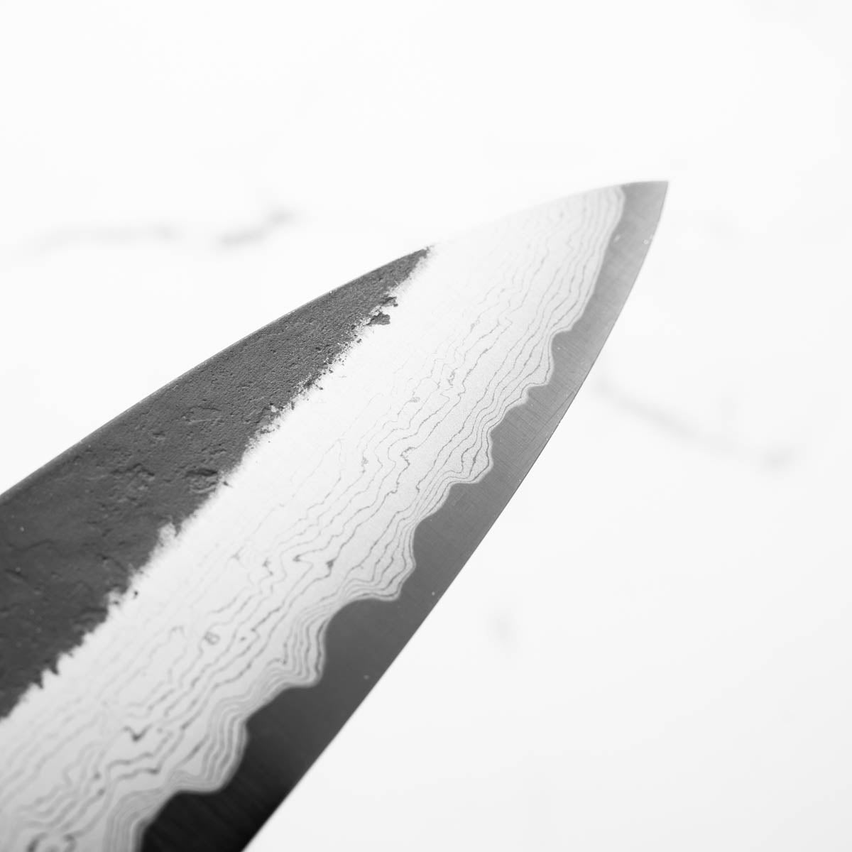 Hatsukokoro Shinkiro Blue Super Damascus Kurouchi Gyuto 210mm - Dark Carbon Fibre - view 6