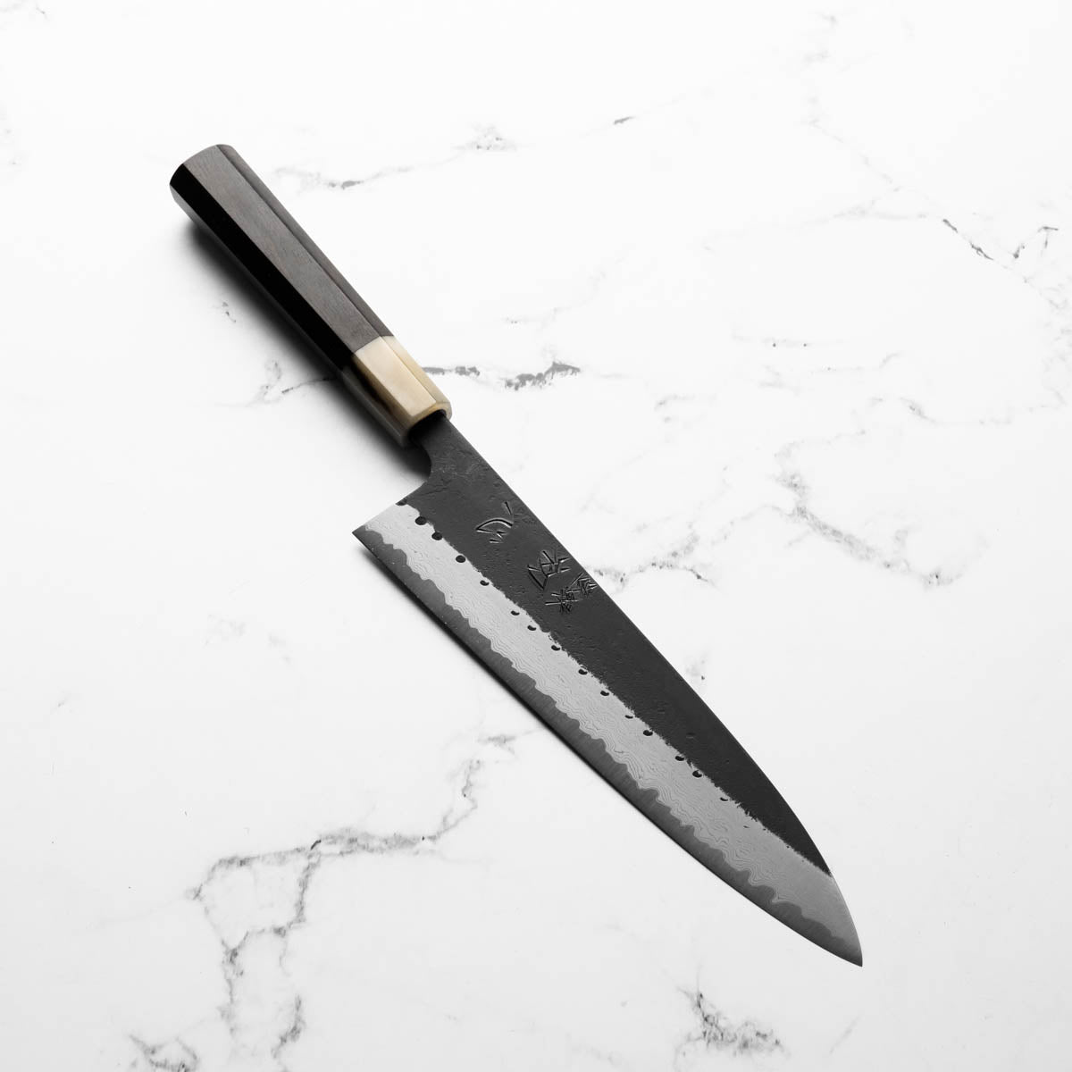 Hatsukokoro Shinkiro Blue Super Damascus Kurouchi Gyuto 210mm - Ebony & Blonde
