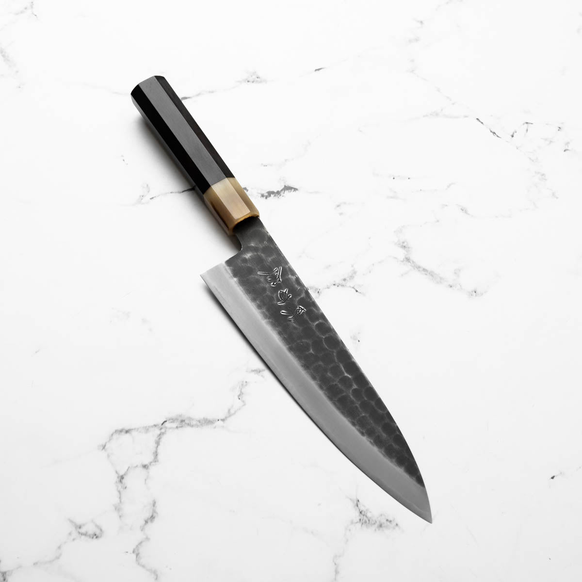 Mutsumi Hinoura Ajikataya White 2 Tsuchime Gyuto 210mm - Ebony & White Horn