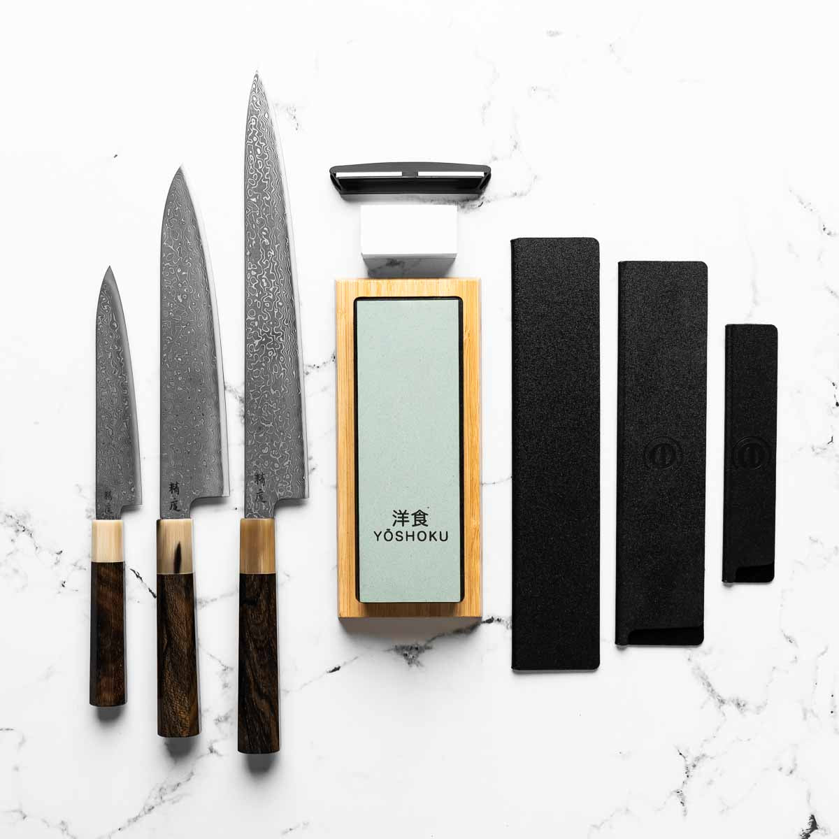 Seido VG10 Kurozome Nickel Damascus 3 Knife Set - Persimmon