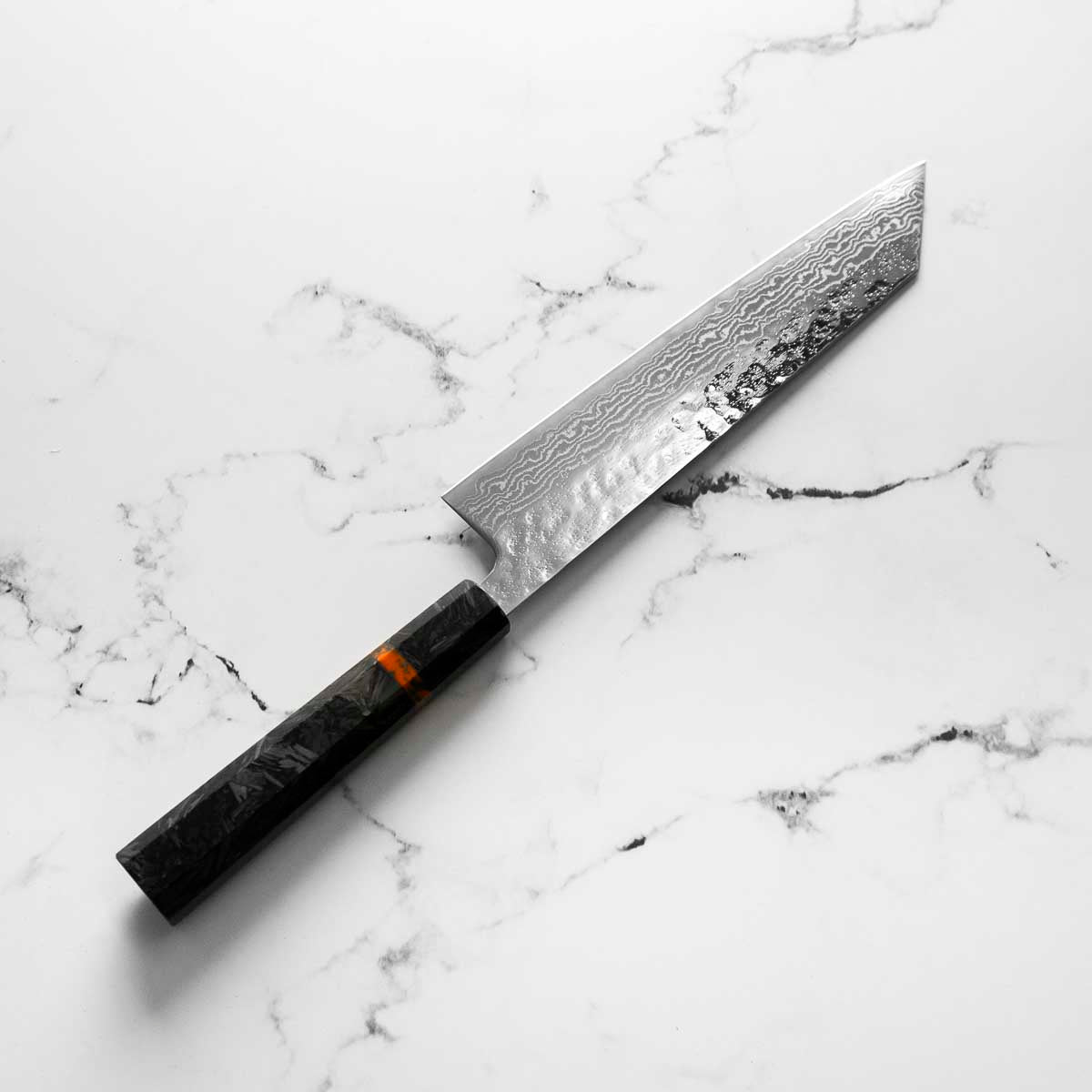 Tsunehisa 440C Damascus Tsuchime Kiritsuke 210mm - Carbon Fibre