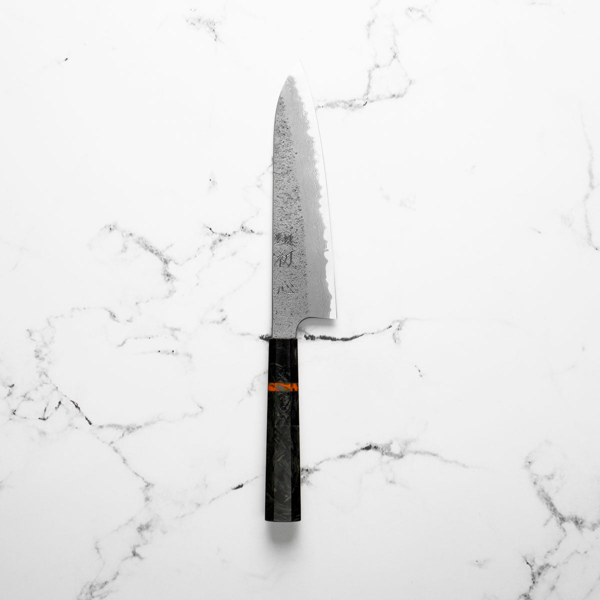 Hatsukokoro Ryusui Blue 2 Damascus Gyuto 210mm - Carbon Fibre - blade detail