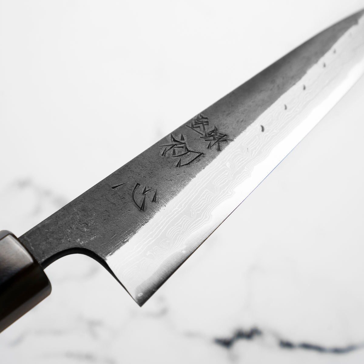 Hatsukokoro Shinkiro Blue Super Damascus Kurouchi Petty 150mm - Ebony & Blonde