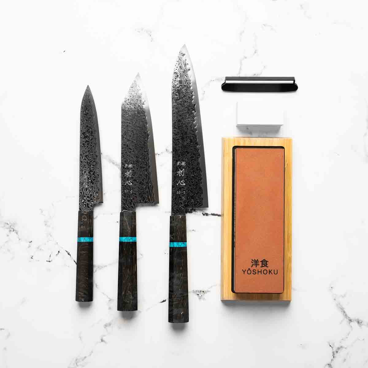Hatsukokoro Ryuhyo Kurozome SG2 Damascus 3 Knife Set - Maple Turquoise