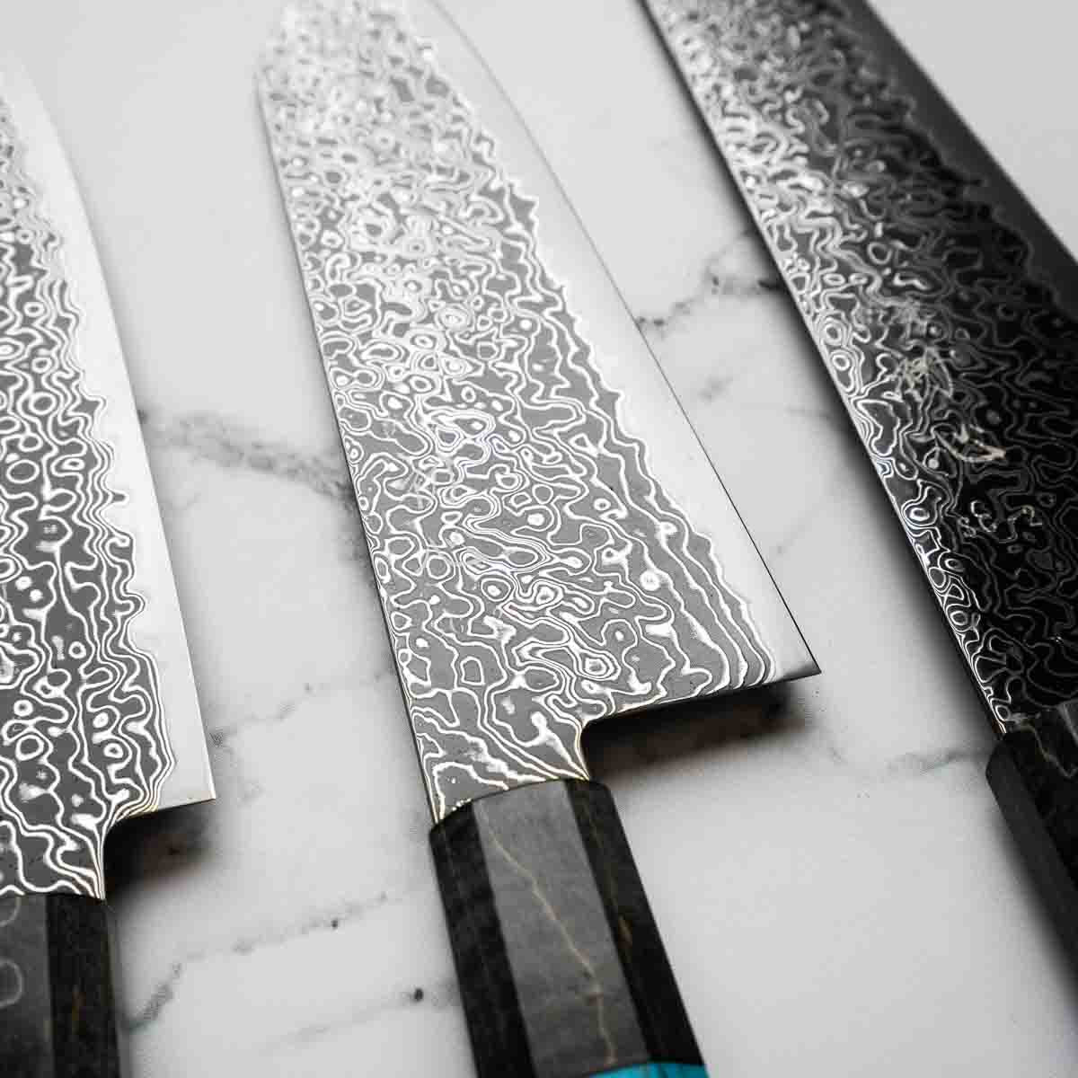 Hatsukokoro Ryuhyo Kurozome SG2 Damascus 3 Knife Set - Maple Turquoise