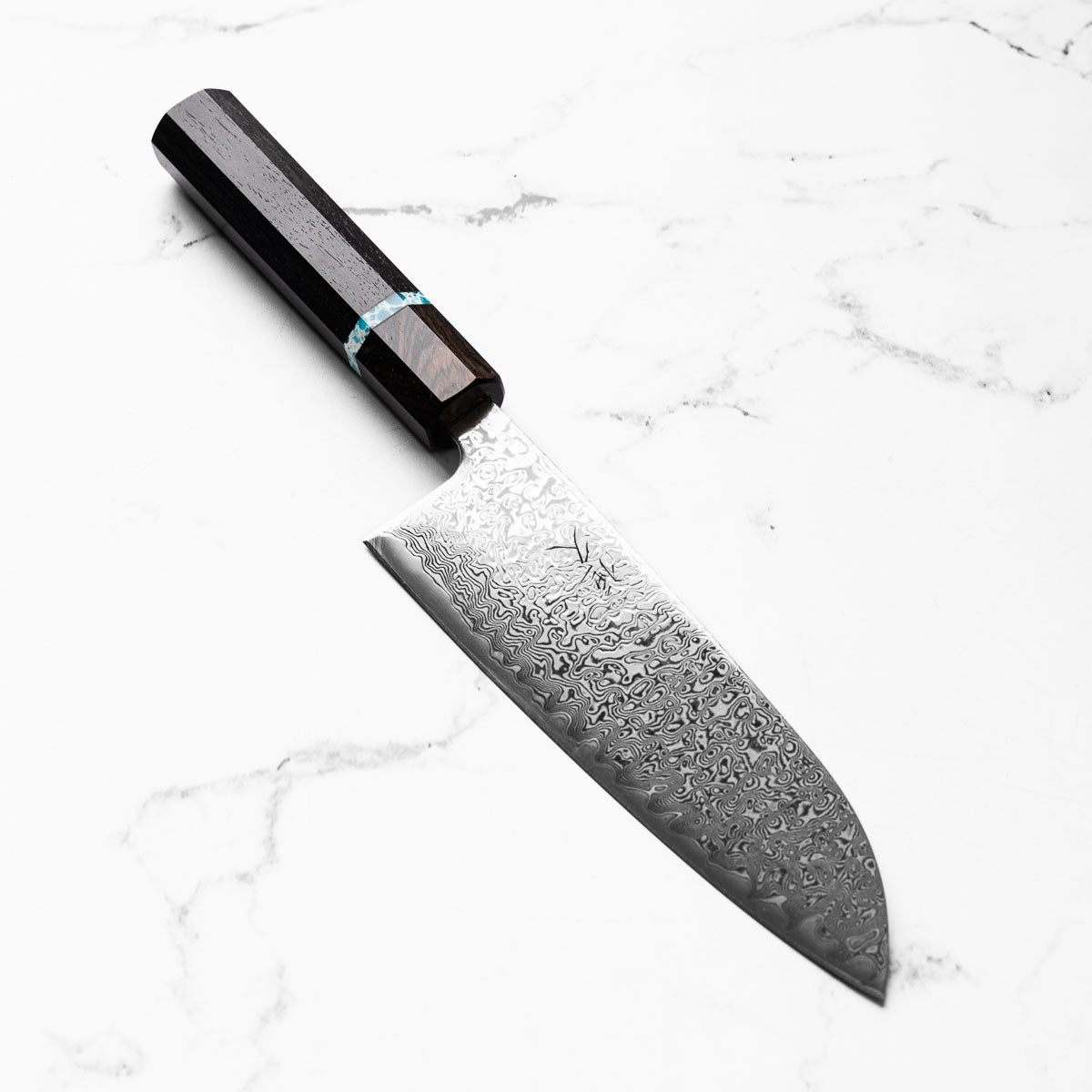 Tsunehisa SRS13 Damascus Santoku - Ebony Blue Ring