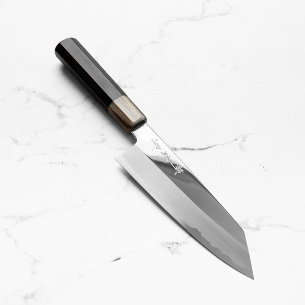 Nakagawa x Sakai Kikumori White 1 Mirror Finish SS Clad Bunka 180mm - Ebony and Blonde