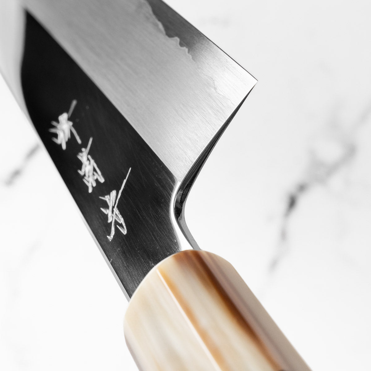 Nakagawa x Sakai Kikumori White 1 Mirror Finish SS Clad Bunka 180mm - Ebony and Blonde