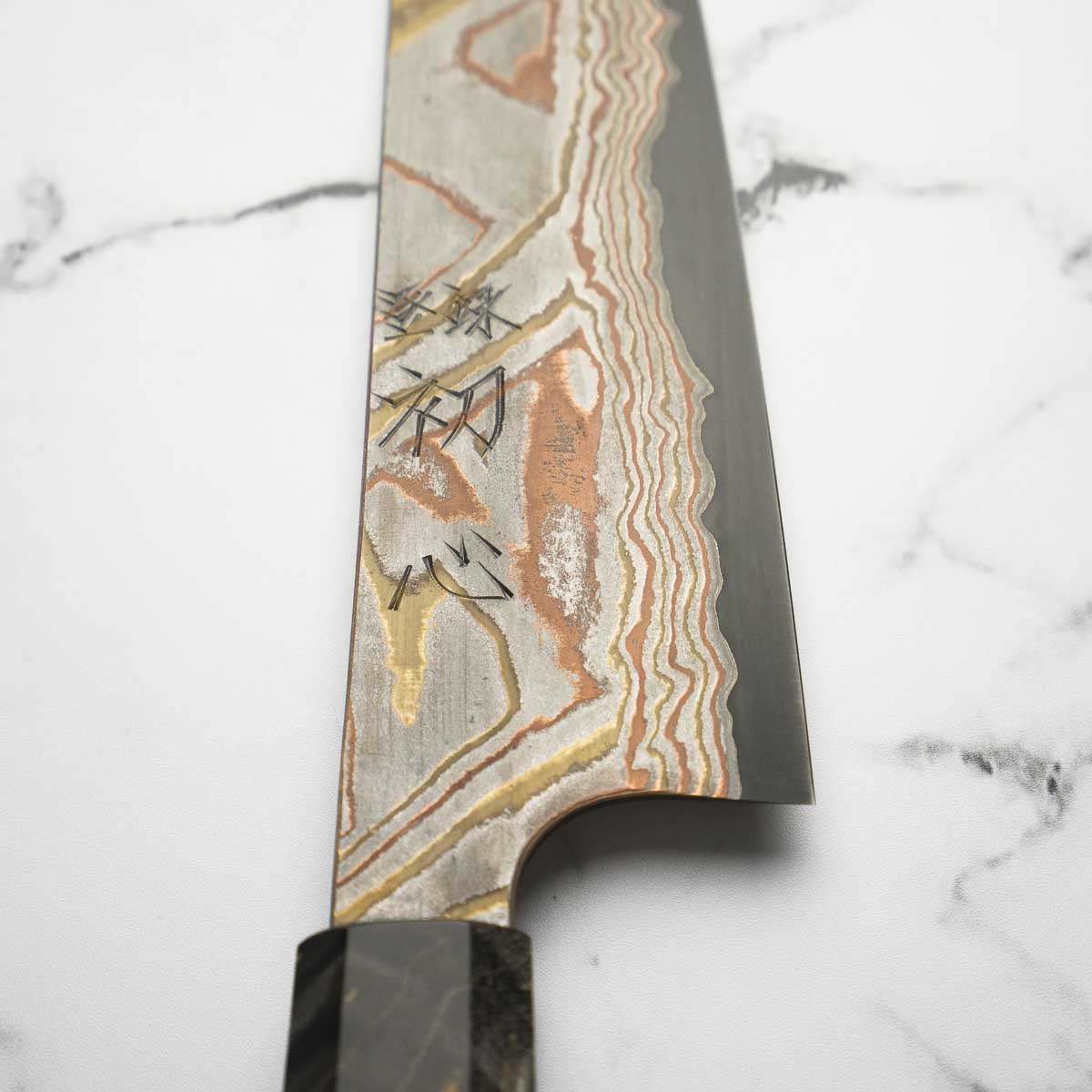 Hatsukokoro Irodori Blue 2 Rainbow Damascus Gyuto 240mm - Dark Maple