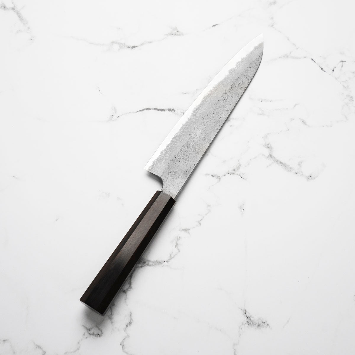 Hatsukokoro Ryusui Blue 2 Damascus Gyuto 240mm - Ebony - angled view