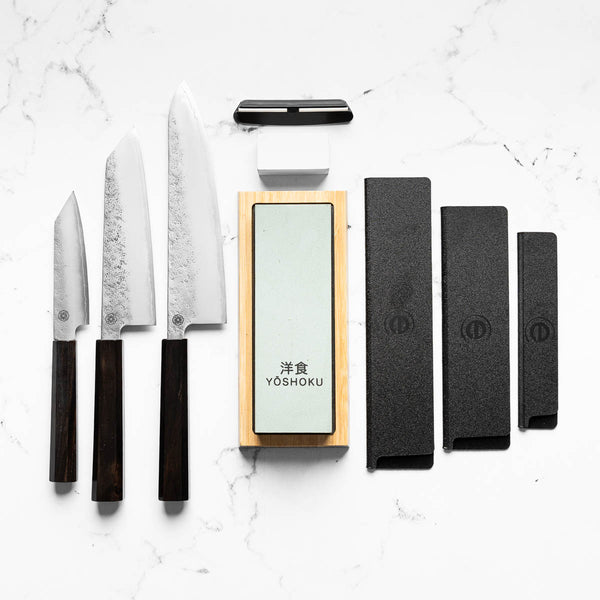 Hajimaru Ginsan Nashiji Mono Ebony - 3 Knife Set w/Whetstone