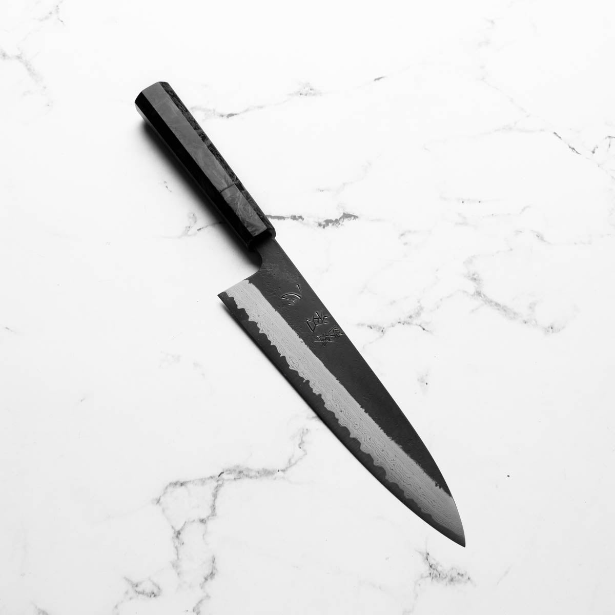 Hatsukokoro Shinkiro Blue Super Damascus Kurouchi Gyuto 210mm - Dark Carbon Fibre