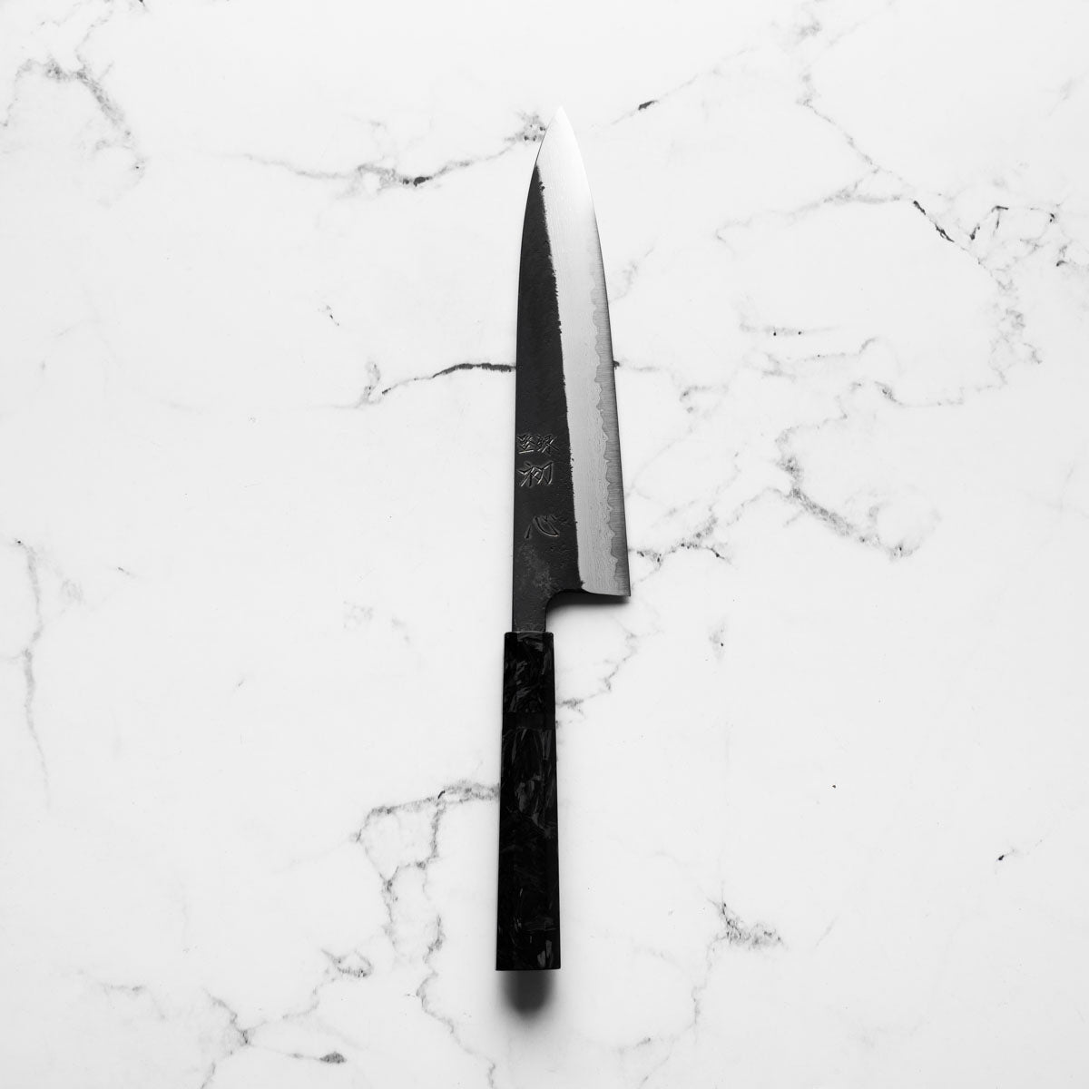 Hatsukokoro Shinkiro Blue Super Damascus Kurouchi Gyuto 210mm - Dark Carbon Fibre - blade detail