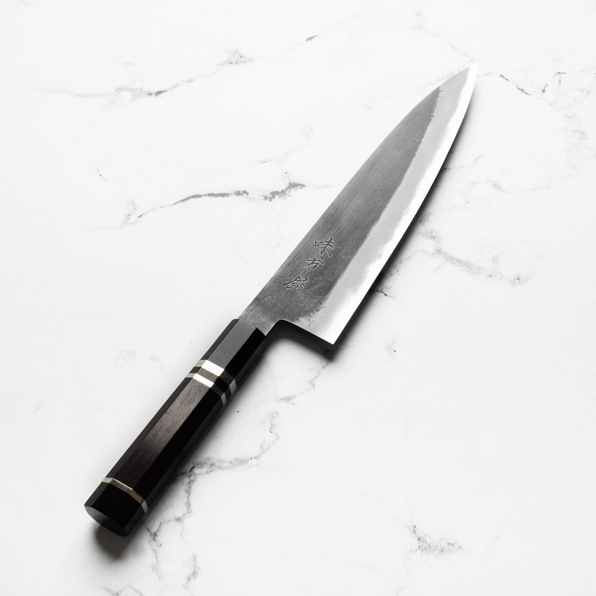 Mutsumi Hinoura Ajikataya White 2 Gyuto 210mm - Ebony & Double Black Horn Triple Ring