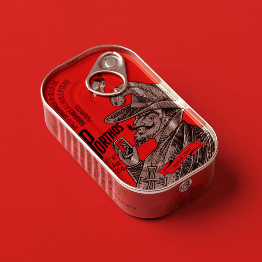 Porthos - Spicy Sardines in Olive Oil - angled view